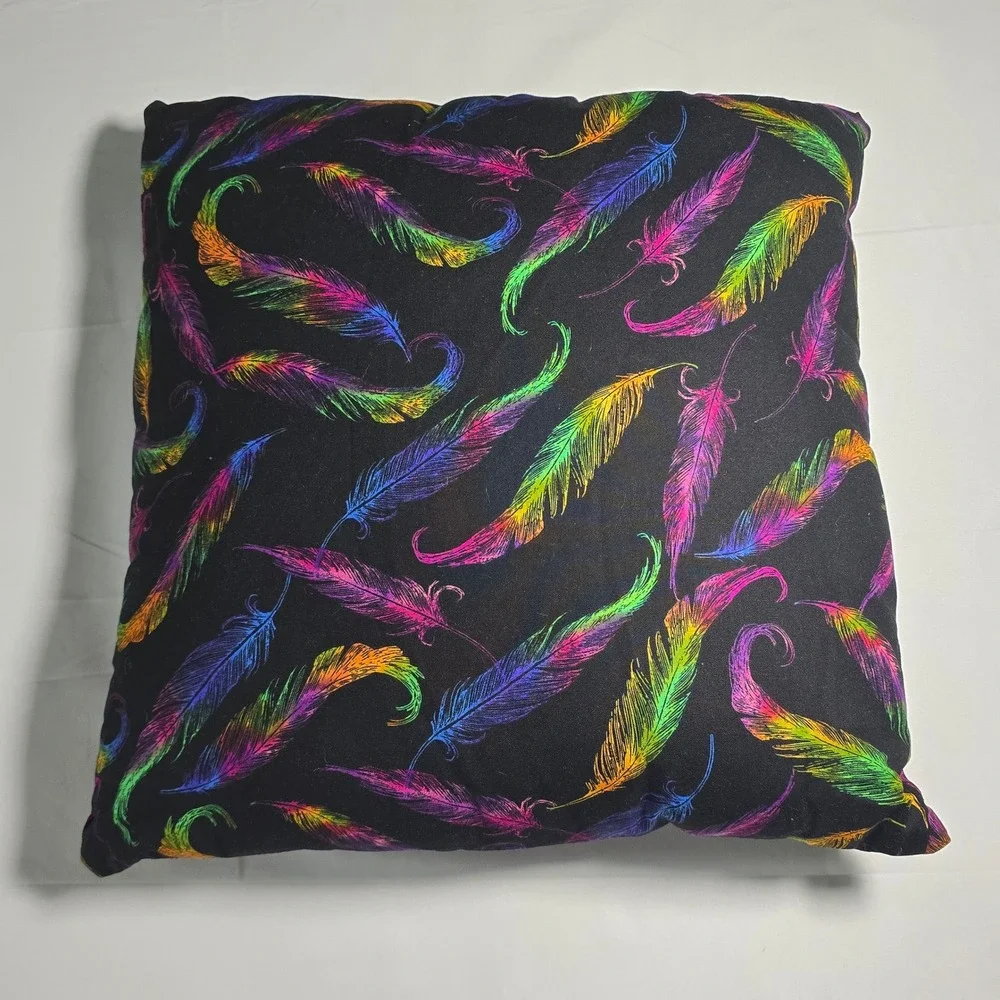 Handmade Rainbow Feather Throw Pillow Black Psychedelic Accent 15x15